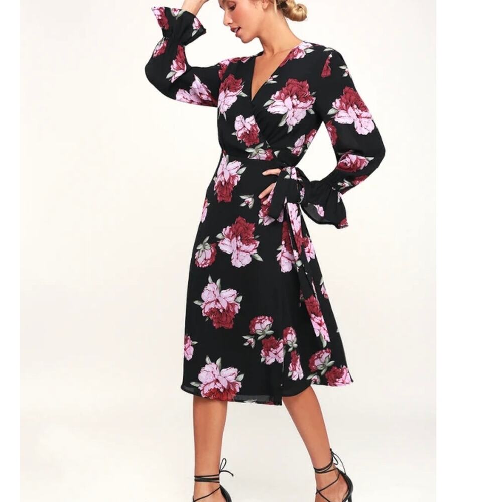 Lulus Romantic Blooms Black Floral Midi Wrap Dress Sz M Plunging Neck Black Pink - Picture 8 of 16